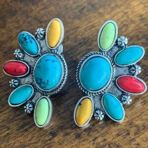 Men’s Desert Cluster Earrings – Faux Turquoise & Colorful Stones in Silver Tone